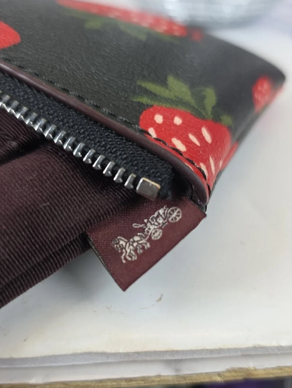 Coach Strawberey Black Leather Wristlet Clutch Bag